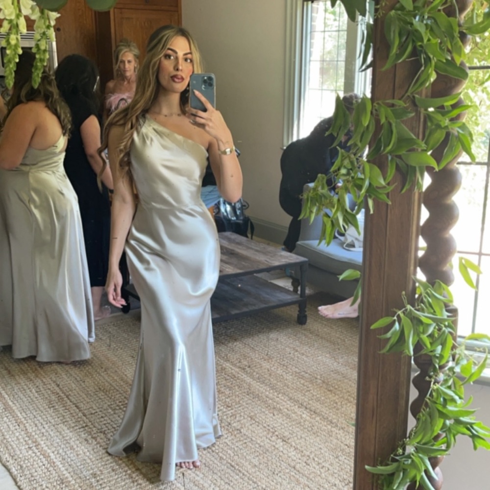 Jenny Yoo Latte Satin Formal Maxi Dress Size 6-8